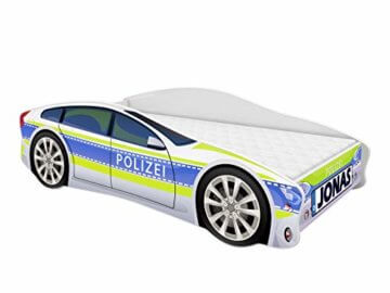 ACMA Kinderbett Auto-Bett Polizei mit Rausfallschutz, Lattenrost und Matratze (Polizei 1, 160x80 cm + Name) - 1