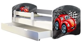 ACMA Kinderbett Jugendbett mit Einer Schublade und Matratze Weiß II 140 160 180 40 Design (180x80 cm + Bettkasten, 04 Rote Auto) - 1