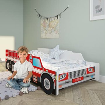 Autobett 70x140 cm Spielbett Kinderbett mit Rausfallschutz und Lattenrost 140 x 70 Feuerwehr Auto Bett Kinder Wagen - 2