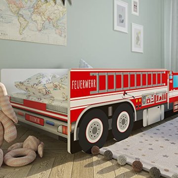 Autobett 70x140 cm Spielbett Kinderbett mit Rausfallschutz und Lattenrost 140 x 70 Feuerwehr Auto Bett Kinder Wagen - 3