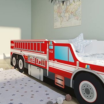 Autobett 70x140 cm Spielbett Kinderbett mit Rausfallschutz und Lattenrost 140 x 70 Feuerwehr Auto Bett Kinder Wagen - 4