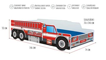 Autobett 70x140 cm Spielbett Kinderbett mit Rausfallschutz und Lattenrost 140 x 70 Feuerwehr Auto Bett Kinder Wagen - 5